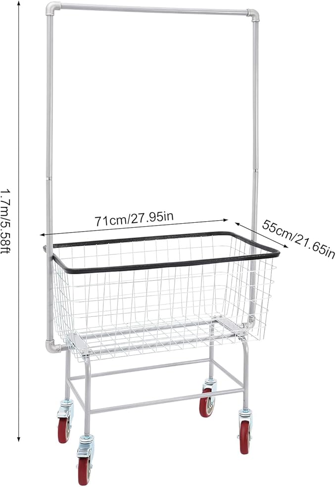 Wire Laundry Cart with Wheels, 1.8 Bushel Heavy-Duty Rolling Laundry Basket, Commercial Metal Wire Laundries Basket Cart for Clothes Storage and Organization (27 * 22 * 67in)