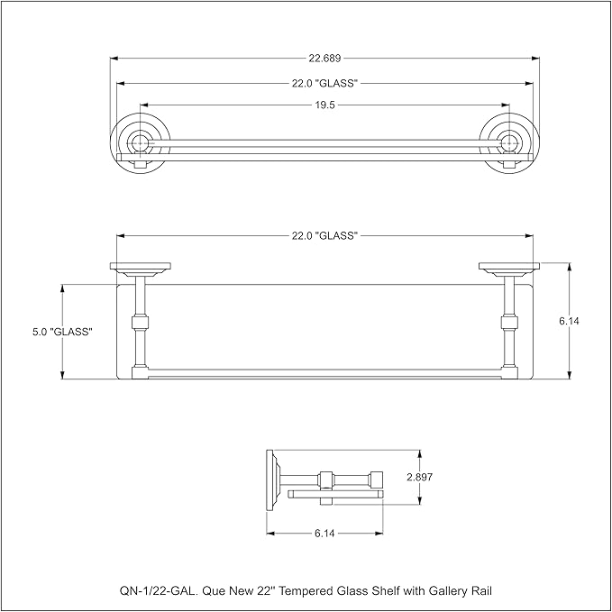 Allied Brass QN-1/22-GAL-WHM Que New 22 Inch Tempered Glass Gallery Rail Shelf, Matte White