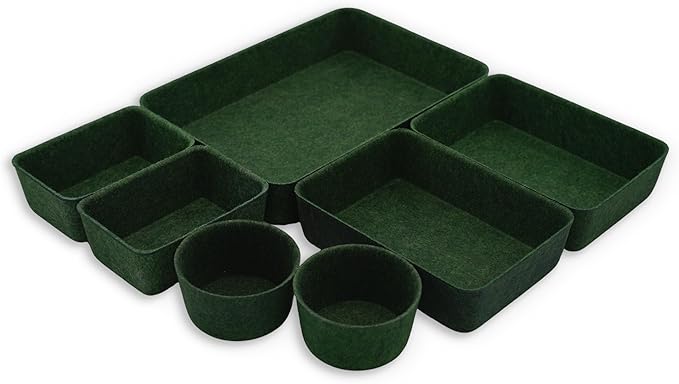 Welaxy Felt Desk Drawer Organizer Trays, 7-Piece Storage Bins for Office, Entryway Catchall & Minimalist Decor (Forest Green)