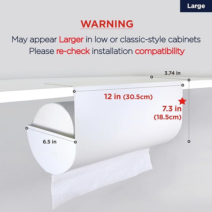 Paper Towel Holder - Under Cabinet, No-Drill Self-Adhesive Hanging Rack, Easy Tear, Space-Saving Sleek Metal Kitchen Roll Dispenser, Wall-Mount Look, Kitchen Storage & Organization - White