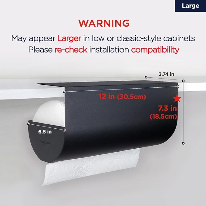Paper Towel Holder - Under Cabinet, No-Drill Self-Adhesive Hanging Rack, Easy Tear, Space-Saving Sleek Metal Kitchen Roll Dispenser, Wall-Mount Look, Kitchen Storage & Organization - Black