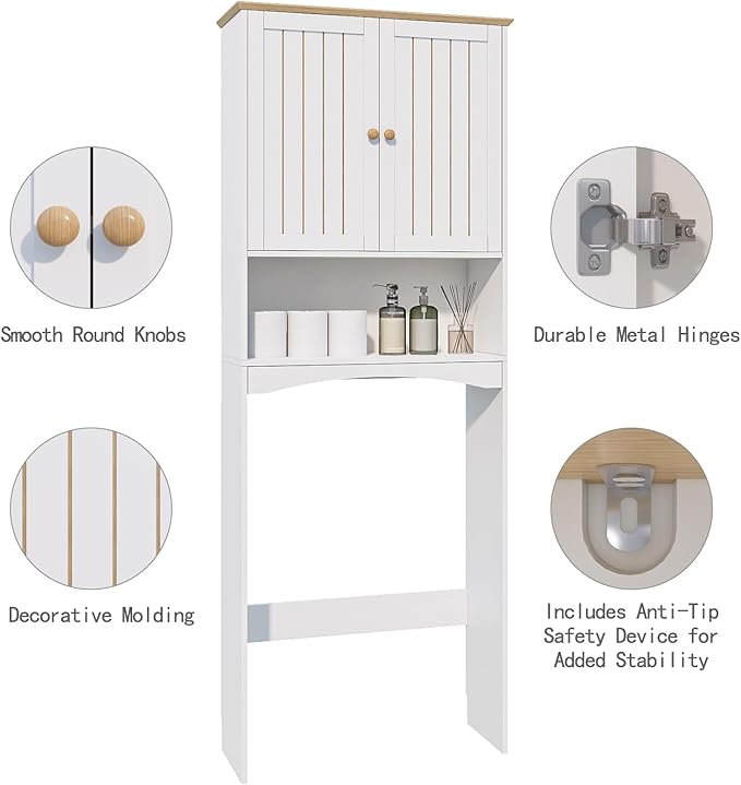 Over The Toilet Storage Cabinet for Small Bathrooms, Freestanding Space Saver with Double Doors & 2 Fixed Shelves, Stable Wood Organizer with Anti-Tip Kit, Fits 33-Inch Clearance, White
