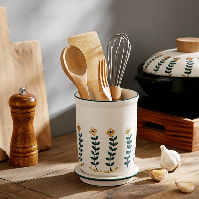 WAIT FLY Vintage Flower Porcelain Kitchen Utensil Holder with Bottom Flatware Storage Organizer Utensil Crock for Countertop Kitchen Counter Decor