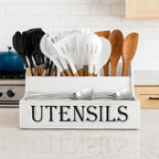 Large Wooden Kitchen Utensil Holder with 4 Compartments | White Farmhouse Utensil Organizer for Countertop, Rustic Cooking Utensil Caddy, Silverware & Spoon Storage | White Wood Grain