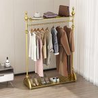 Clothing Rack Gold, Industrial Clothes Rack for hanging Clothes with Double Shelves Freestanding Multi-functional Heavy Duty Garment Rack, Metal Movable Coat Rack for Organizing Clothes Shoes
