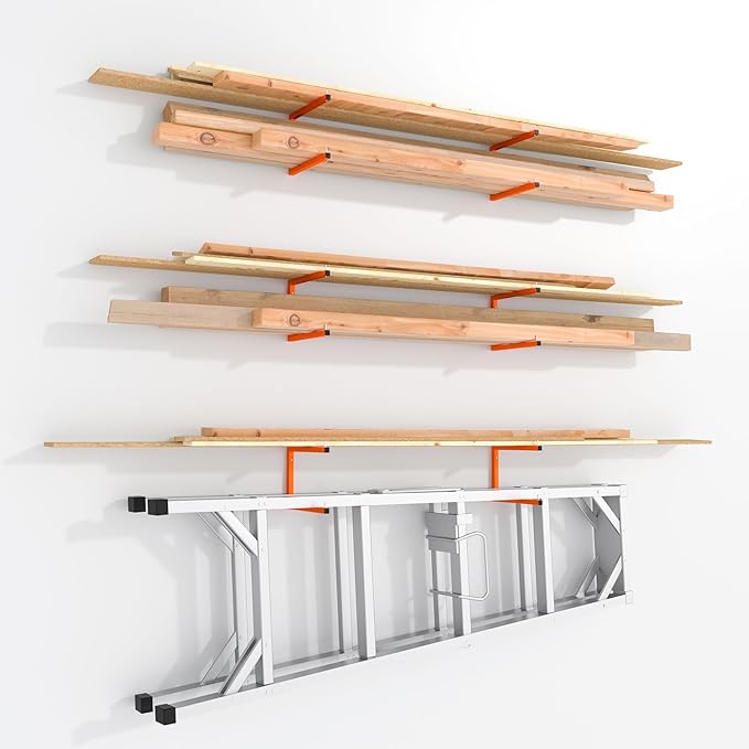 6 Pack Lumber Storage Rack | Wall-Mounted Wood Storage | 6-Tier Heavy-Duty Lumber Rack | 1320 lb Capacity Garage Metal Wood Organizer | Indoor/Outdoor Use (6 Pack-6 Level)