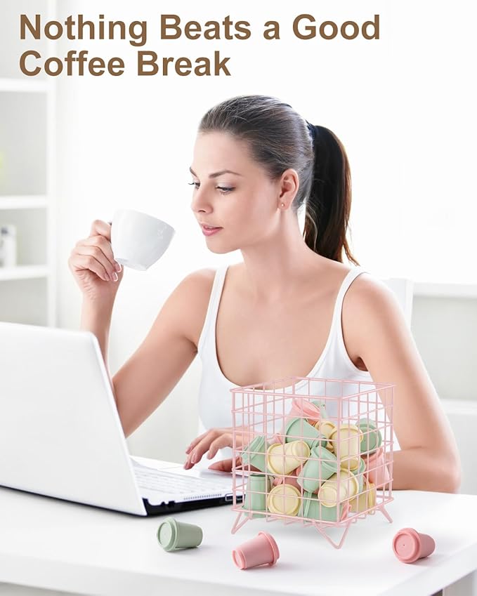 FantasyLife K Cup Holder Organizer, 5.3" x 5.3" x 6.3" Coffee Pod Storage Basket, Coffee Bar Accessories Metal Basket, Large Capacity Countertop Organizer for Kitchen Counter & Office Desktop (Pink)