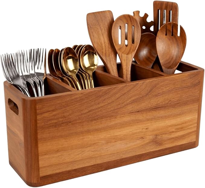 Wooden Kitchen Utensil Holder for Countertop - Extra Large Utensil Organizer for Storage Cooking and Silverware with 4 Compartment, Rustic Acacia Wood Container