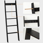 HOOBRO Blanket Ladder for Living Room and Bedroom, 5-Tier Wall Leaning Towel Rack for Bathroom, Decorative Ladder Shelf with 4 Removable Hooks, Farmhouse Blanket Storage, Black BB51CJ01G1