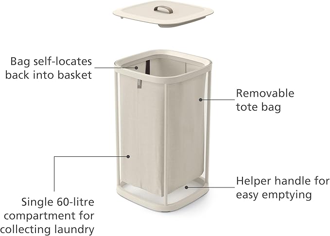 Joseph Joseph Tota One 60L/15.85 gallon Laundry Basket, Removable Washing Bag with handles, Perfect for Bedroom & Bathroom, Ecru