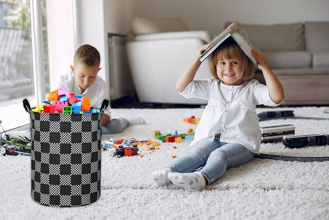 ESSME Boys Laundry Hamper,Kids Hamper Collapsible Canvas Waterproof Storage Bin for Boy, Nursery Hamper,Gift Baskets,toy bins(Black grid)