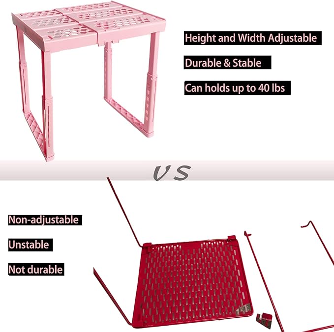 Locker Shelf Adjustable Height and Width, Pink Locker Organizer for Work, Locker Shelves for School Locker, Stack-able Locker Stand Tools for Gym Locker, Locker Accessories Stuff, Pack of 2