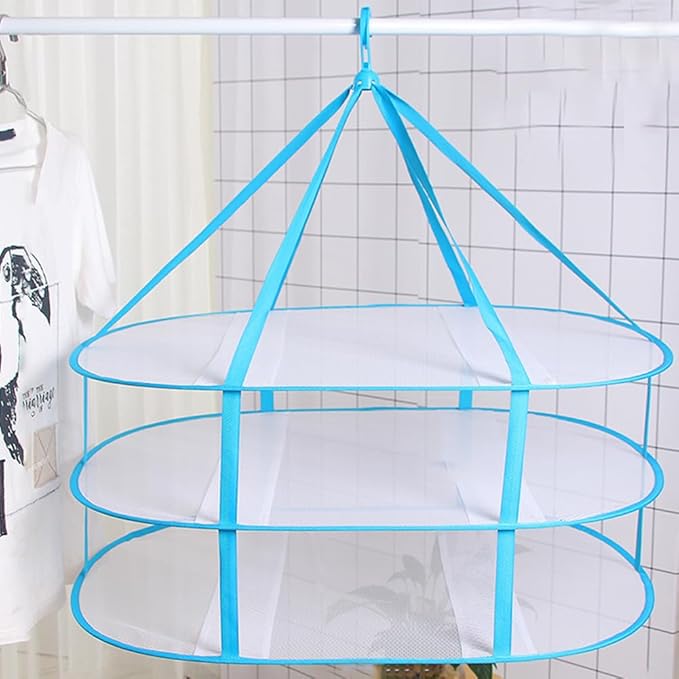 2-3 Tier Folded Mesh Clothes Drying Rack, Stackable Sweater Drying Rack, Portable Hanging Laundry Racks with Fixing Band for T-Shirt, Swimsuit, Underwear(Color:3 Tier)