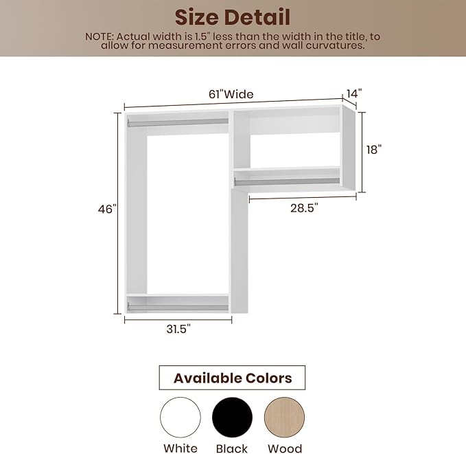 ROOMTEC Modular Closet System, 61" Wall-Mounted Closet Organizer with Hanging Rods, Wooden Tower for Walk-In Closets, Wardrobe Storage Kit, White
