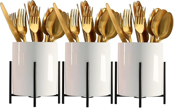 Kitchen Utensil Holder,White Ceramic Silverware Caddy With Golden Metal Frame Chic & Modern Kitchen Cooking