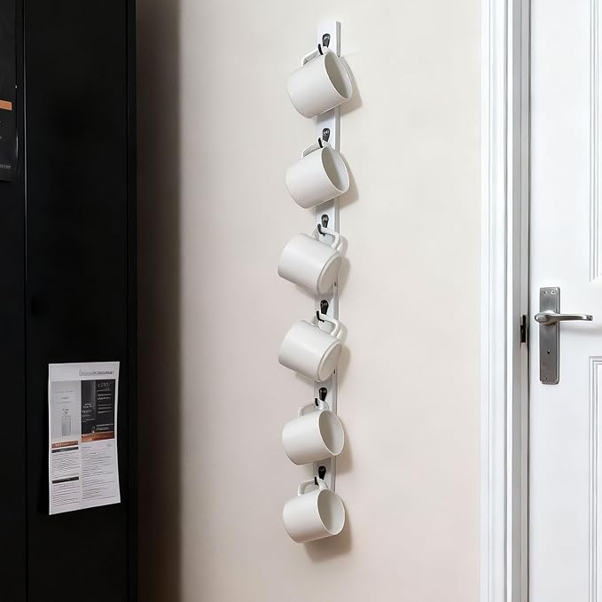 White Wall-Mounted Coffee Cup Holder - Narrow Space Design Mug Rack for Kitchen & Office - Organize & Display 6 Mugs or Water Bottles - Easy Install Space Saver Home Decor