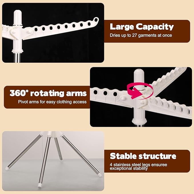 Rotatable and Foldable Clothes Drying Rack 59 Inch Laundry Drying Tree with 27 Hanging Holes, Space-Saving 4-Legged Free Standing Hanger Stand for Indoor, Balcony and Laundry Room