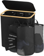 Laundry Hamper with Lid, 160L Dirty Clothes Hamper for Laundry Basket 3 Section, Extra Large Laundry Sorter Hamper 3 Compartment with Removable Inner Bags & Labels, Black