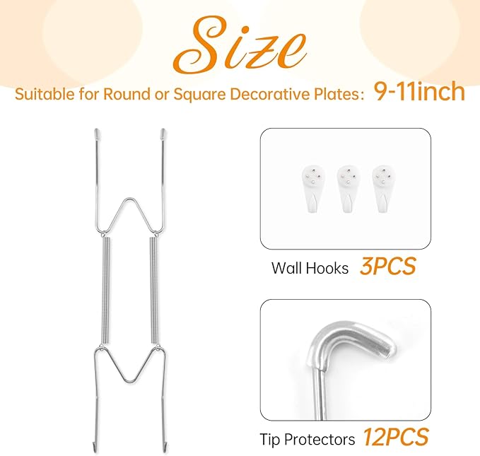 Bilillo 3 Pack Plate Hangers for The Wall, Suitable for 9-11 inch Art Plate, Stainless Steel Invisible Heavy Duty Wire Plate Holder with Wall Hooks, Plate Hangers for Displaying Plates, Silver