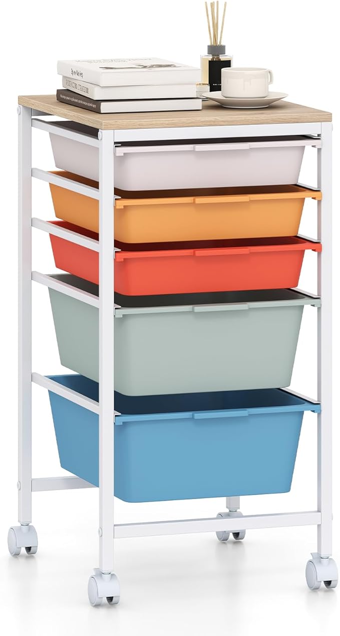GOFLAME 5-Drawer Rolling Storage Cart, Craft Storage Cart with Wooden Tabletop and Lockable Wheels, Art Cart Supply Storage Organizer with Metal Frame for Home Office Classroom, Macaron Color