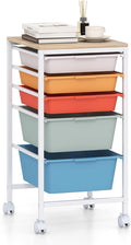 GOFLAME 5-Drawer Rolling Storage Cart, Craft Storage Cart with Wooden Tabletop and Lockable Wheels, Art Cart Supply Storage Organizer with Metal Frame for Home Office Classroom, Macaron Color
