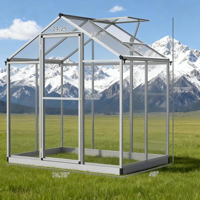 Aluminum Greenhouse with Polycarbonate Panels, Walk-in Garden Greenhouse for Outdoor Plant Growing, Durable Structure for Year-Round Gardening (Silver + Aluminum-2)