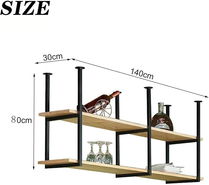 2 Tier Ceiling Hanging Wine Glass Holder, Industrial Ceiling Shelf Hanging Shelf, Ceiling Mounted Storage Rack Floating Hanging Metal Wine Rack for Restaurant, Bar, Cafe ( Size : 140*30*80cm )