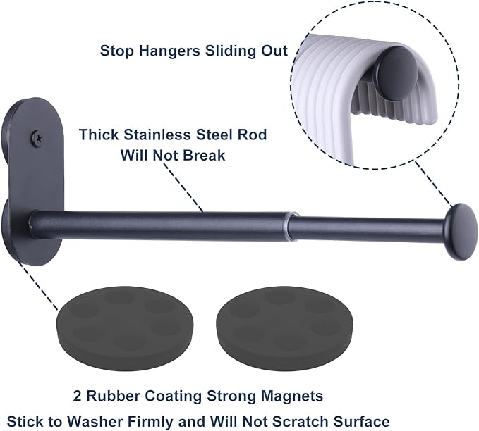 Extendable Magnetic Hanger Holder for Laundry Room, Clothes Hanger Orangizer Rack for Side of Washer or Dryer, Space Saving Laundry Storage, Black, Pack of 1