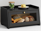 Black Bread Box for Kitchen Countertop, Small Vintage Counter Top Breadbox, Homemade Bread Storage Container for Sourdough Loaf, Farmhouse Wooden Corner Kitchen Counter Organizer for Cabinet