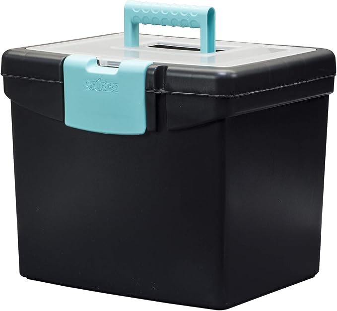 Storex Portable File Box, with Lockable XL Supply Storage Lid and Carry Handle, Black/Teal, 10.9 x 11 x 13.25 Inches, 2-Pack (61414B02C)