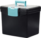 Storex Portable File Box, with Lockable XL Supply Storage Lid and Carry Handle, Black/Teal, 10.9 x 11 x 13.25 Inches, 2-Pack (61414B02C)