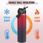 24oz Insulated Stainless Steel Water Bottle, Wide Mouth Double Wall Vacuum, Silicone Straw, Sweat & Leak Proof, BPA Free Insulated Water Flask for Travel, Keep Cold 24h Hot 12h, Red