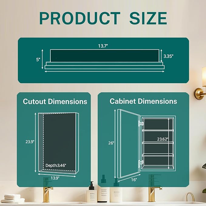 16 x 26 inch Bathroom Medicine Cabinet, Mirror Cabinet with Single Door & Removable Shelves, Surface Mount or Recess Installation, Medicine Cabinets for Bathroom