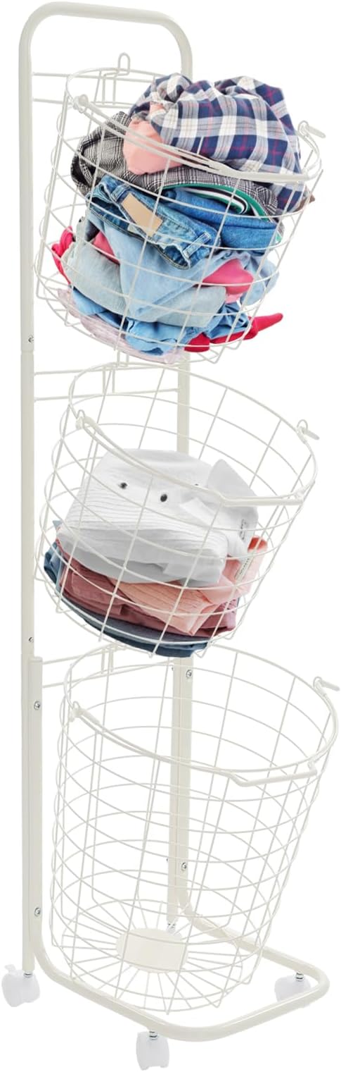 3-Tier Laundry Cart with Locking Wheels & Removable Hampers - Metal Garment Organizer for Home/Laundry Room/Dorm | Rolling Storage System Wire Metal Sorter