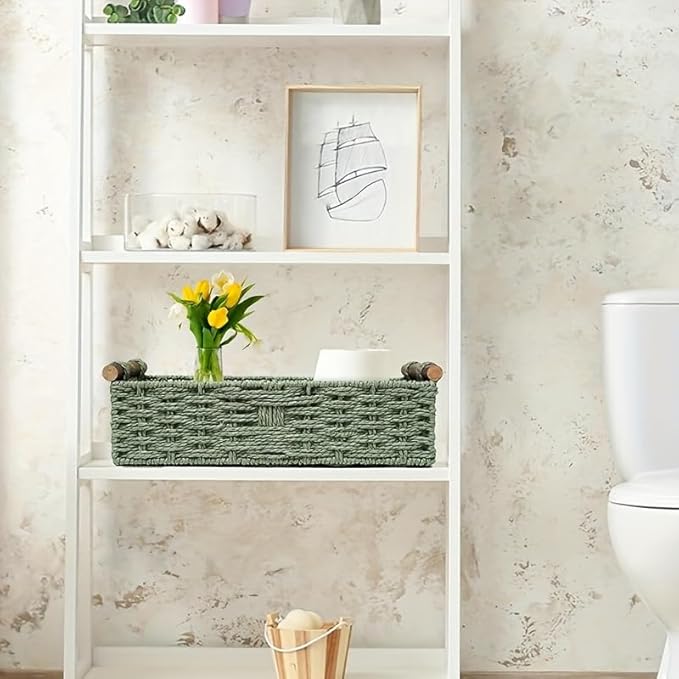 Paper rope storage basket with handle - A decorative green rattan-style multi-purpose storage basket for toilet paper, bathroom supplies and home decoration, suitable for counters or shelves