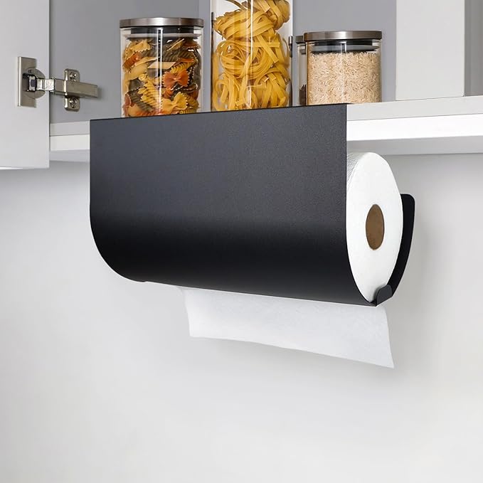 Paper Towel Holder - Under Cabinet, No-Drill Self-Adhesive Hanging Rack, Easy Tear, Space-Saving Sleek Metal Kitchen Roll Dispenser, Wall-Mount Look, Kitchen Storage & Organization - Black