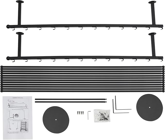 Heavy Duty Iron Ribbon Organizer Rack Wall Mounted, 12-Rod Modern Metal Craft Organizer for Ribbons, Wrapping Paper, Vinyl Rolls, Space Saving Storage Rack for Florist, Home (Black)