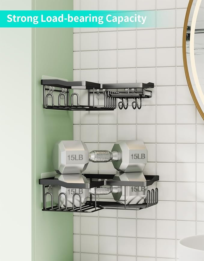 HapiRm Corner Shower Caddy with Shampoo Holder, 2-Pack Shower Organizer Shower Storage Shelf with 11 Hooks, No Drilling Rust Proof Stainless Steel Corner Shower Shelf with 6 Pack Adhesives (Black)