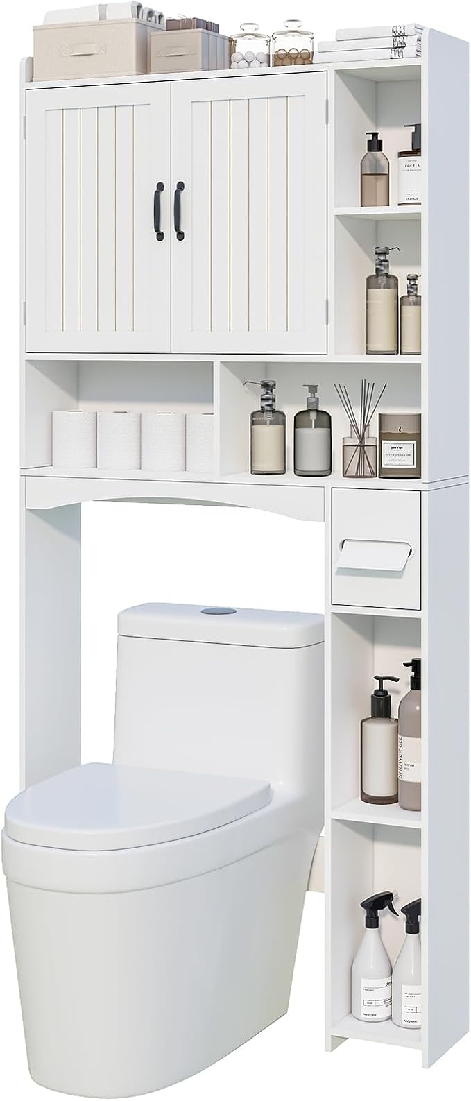 Over The Toilet Storage Cabinet, Over Toilet Bathroom Organizer, Bathroom Storage cabinets with Anti Tipping Devices, Storage cabinets with Toilet Paper Holders, for Bathroom, Laundr（White）
