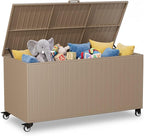 Outdoor Storage Box with Wheels 250 Gallon, Metal Deck Boxes Waterproof, UV Resistant Patio Storage Box with Lid for Patio Furniture, Garden Tools (Brown)