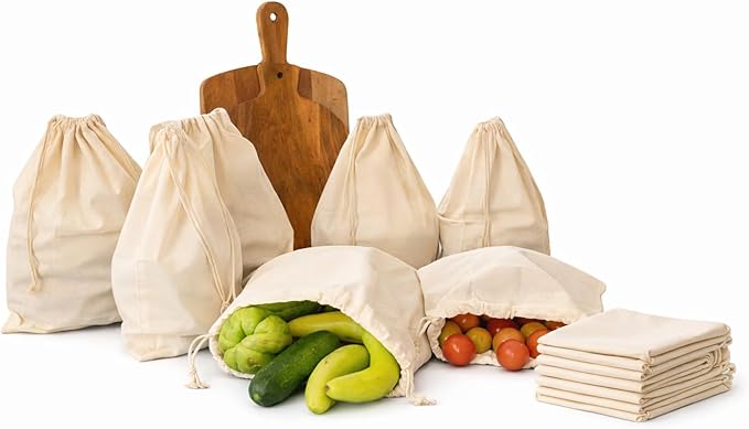 Premium Quality 8"x10" Cotton Single Drawstring Muslin Produce Bags, Pack of 12, Multiuse - kitchen storage, Travel, Soap & Boot Storage, shoe bags - Natural