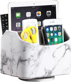 YAPISHI White Marble Leather Remote Control Holder,360 Degree Spinning Desk TV Remote Caddy/Box,Beside Table Organizer for Controller,Media,Makeup, Mobile Phone and Pen/Pencil Stationery Storage