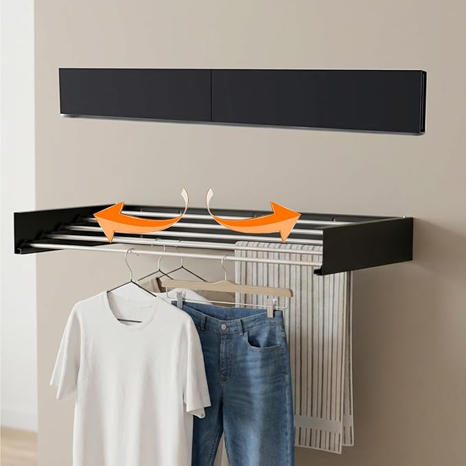 Legines Wall Mounted Clothes Drying Rack 32", Foldable Wall Mount Laundry Rack Folding Indoor, Drying Rack Clothing Collapsible, Hidden Space Saver with Wall Template, 5 Rods, Black （HOU ）