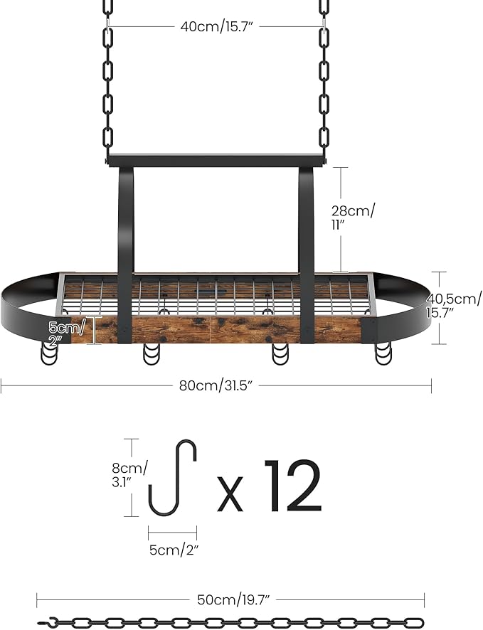 Hanging Pot Rack, Pot Hanger for Kitchen, Ceiling Mounted Pot Holder, Cookware Organizer with 12 S-Shaped Hooks, for Pot, Pan Storage, Space-Saving, Rustic Brown and Black TPR08BFC1