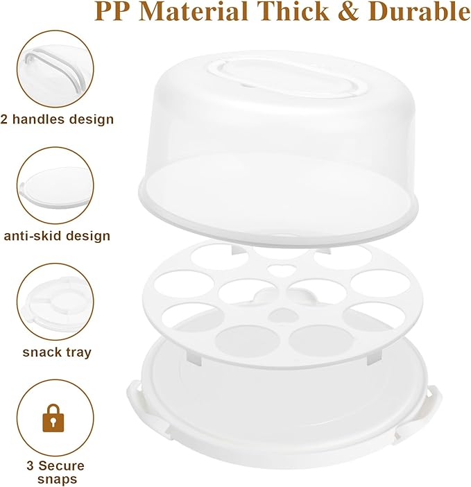 Cake Carrier with Lid and Handle, BPA-Free Cake Containers Cake Stand for 10 inch Cake with 2 Handles Cupcake Carrier - Plastic Cover Two Sided Base for Transport Pie Nuts Fruit Perfect Gifts
