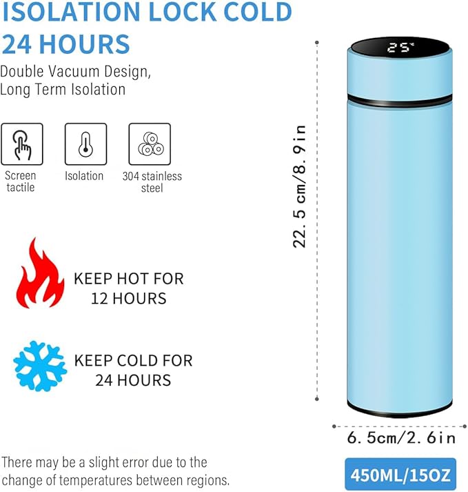 Smart Water Bottle Stainless Steel Vacuum Flask,Travel Mug with Smart LCD Touch Screen, Keep Hot Or Cold, Car Portable Travel Tea Coffee Vacuum Thermo Cup,Insulated Water Bottle (Light Blue)