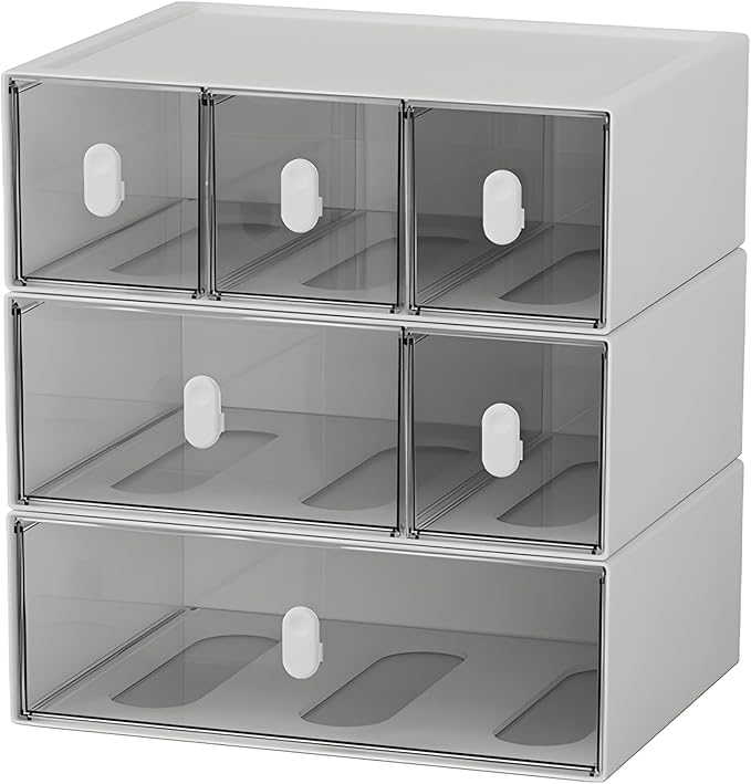 Desktop Storage Drawers, Plastic Desk Organizer with 6 Drawers, Modular Stackable Toolbox Units for Office Stationary, Makeup Container, Bathroom Countertop (3 Tiers, White & Clear)