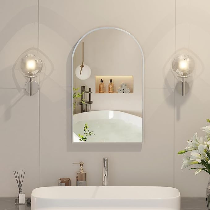 Arched Medicine Cabinet with Mirror,Recessed Medicine Cabinet Mirrors for Bathroom Mirror with Storage,Brushed Nickel Arched Metal Edge,14x18