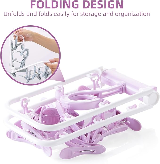 2 Pack Clothes Drying Rack, Laundry Drying Rack with 12 Clips, 360° Rotatable Hook Windproof Sock Hanger, Small Foldable Portable Hangers for Drying Bras Underwear Baby Clothes Gloves