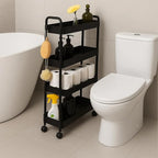 ShellKingdom 4 Tier Bathroom Storage Organizer, Toilet Paper Holder, Slim Rolling Storage Cart for Narrow Space with Handle, Mobile Shelving Unit for Bathroom, Kitchen, Laundry (Black)